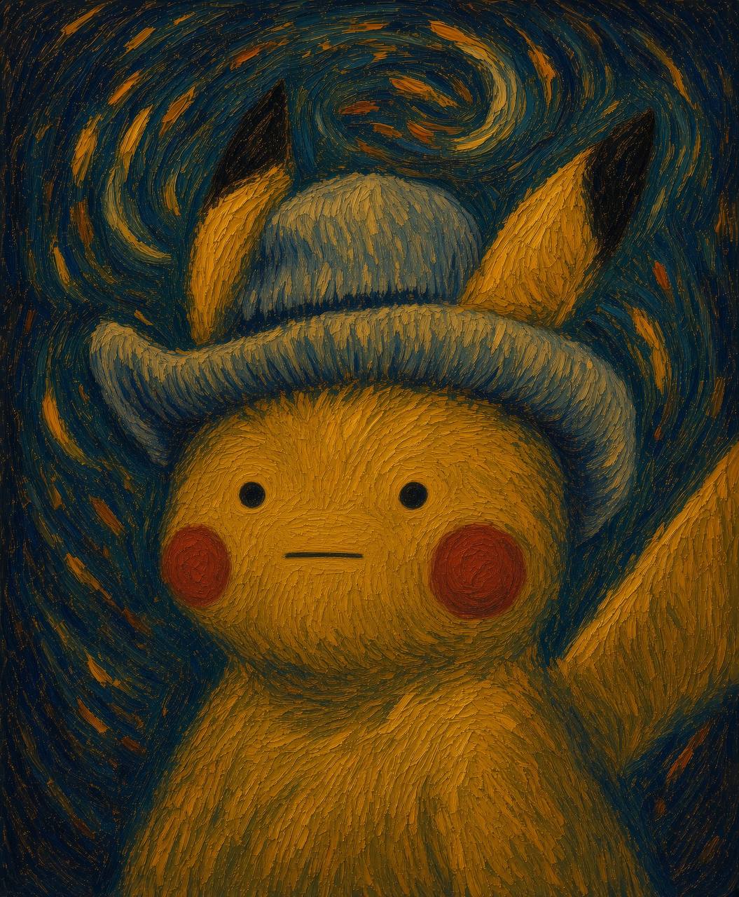 An oil-painted yellow creature beneath a swirling midnight sky